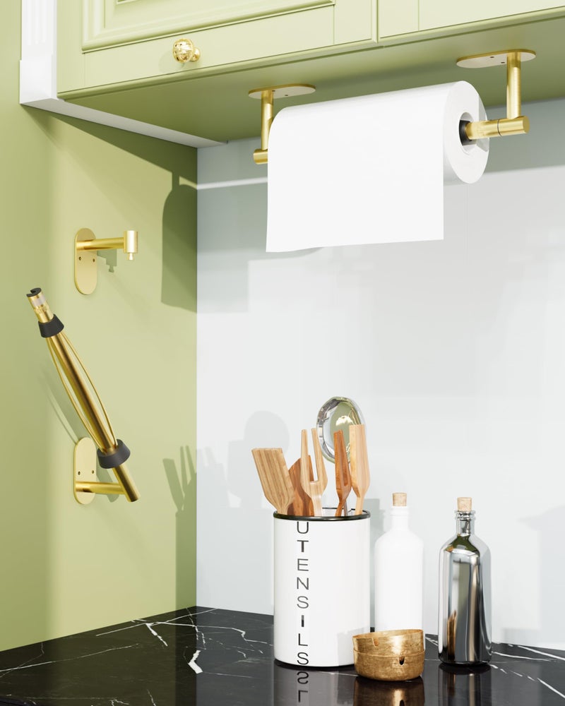 BATHDANCE Paper Towel Holder Under Cabinet, Single Hand Operable Roll Holder with Damping Effect,No Drilling or Wall Mounted SUS304 Stainless Steel for Kitchen Bathroom (Brushed Gold) - Image 4