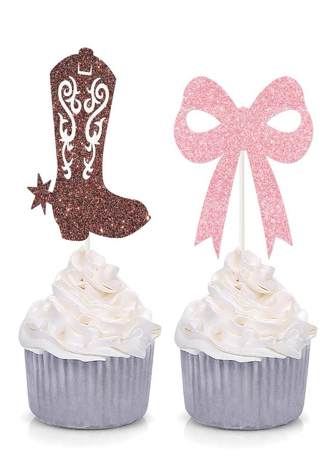 اوموني زينة كب كيك على شكل أحذية أو فيونكات، 24 قطعة، زينة كب كيك لامعة للأولاد أو البنات، فيونكات أحذية، زينة كعك لحفلات الكشف عن جنس المولود بطابع غربي، حفلات استقبال المولود، مستلزمات حفلات أعياد الميلاد للأولاد ورعاة البقر - Image 1