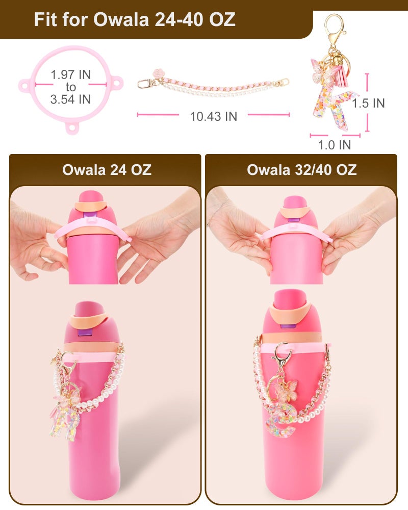TOVICE Letter Charm Accessories for Owala Water Bottle 24-40oz, 3PC Cute Initial Charms & Water Bottle Handle Strap with a Thick Elastic Silicone Ring Holder (Pink, A) - Image 2