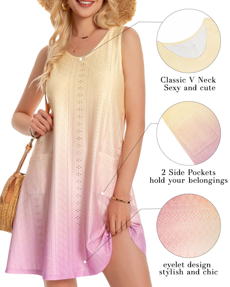 elescat Swimsuit Coverup Summer Dresses for Women Eyelet Casual Loose Sleeveless Sundress with Pockets (Yellow Pink Tie Dye, L) - Image 4