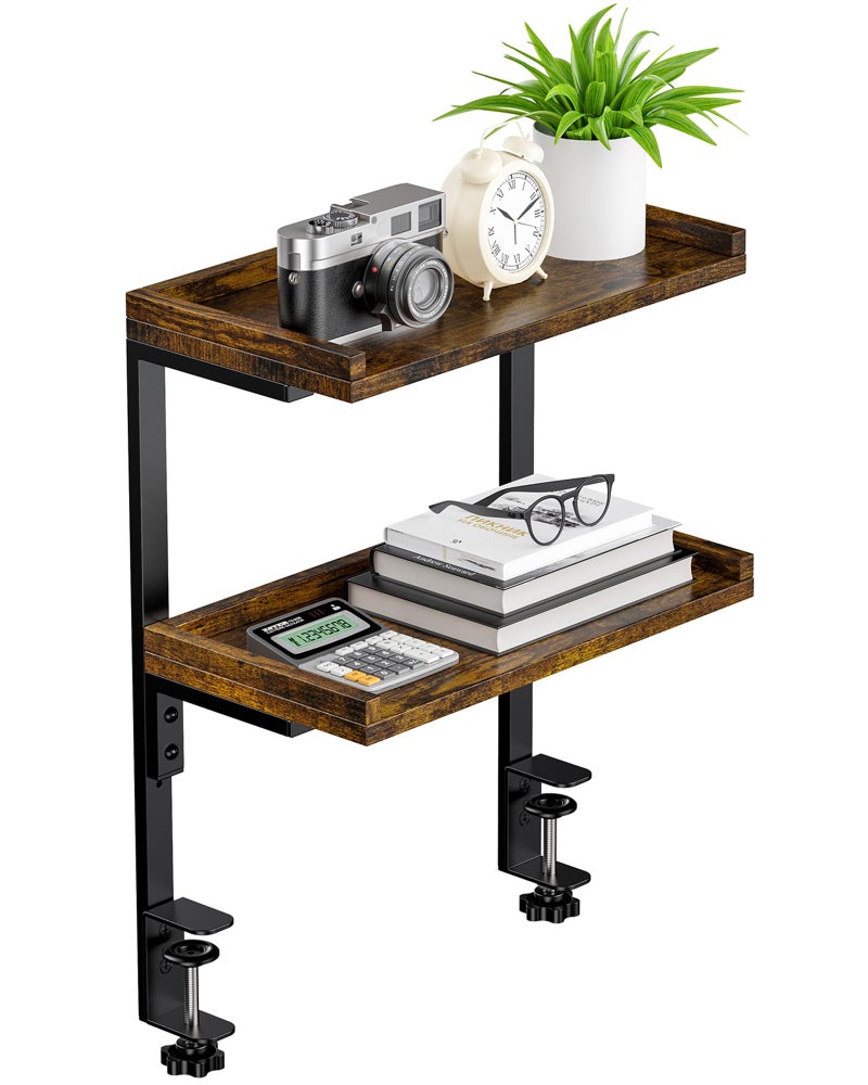 ART-GIFTREE Clamp On Desk Shelf 2-Tier, 12.5 inche Wood Shelving Unit for Office Desk/Gaming Accessories, Tabletop Book Storage Rack, Shelf for Top & Under of Desk, Brown - Image 1