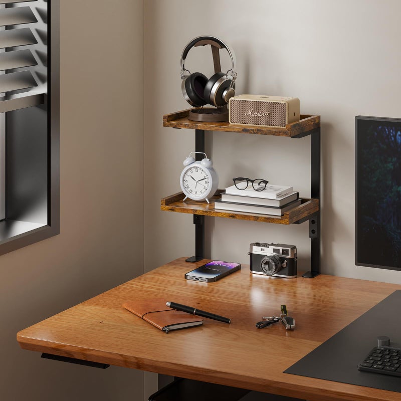 ART-GIFTREE Clamp On Desk Shelf 2-Tier, 12.5 inche Wood Shelving Unit for Office Desk/Gaming Accessories, Tabletop Book Storage Rack, Shelf for Top & Under of Desk, Brown - Image 2