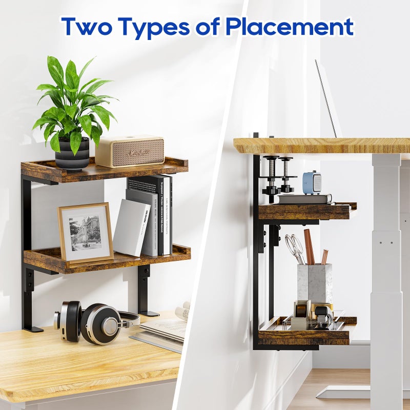 ART-GIFTREE Clamp On Desk Shelf 2-Tier, 12.5 inche Wood Shelving Unit for Office Desk/Gaming Accessories, Tabletop Book Storage Rack, Shelf for Top & Under of Desk, Brown - Image 4