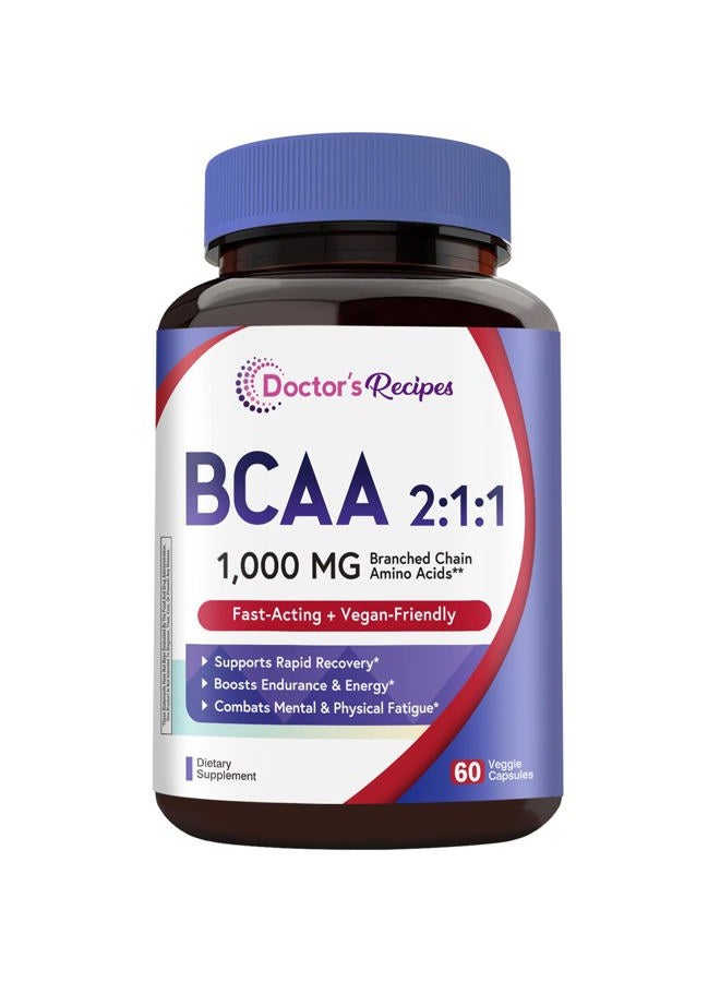 Doctor's Recipes BCAA 1000 mg, 2:1:1 Ratio, L-Leucine, L-lsoleucine, L-Valine, Branched Chain Amino Acids, Fast Recovery, Endurance, Energy, Vegan, 60 Capsules - Image 1