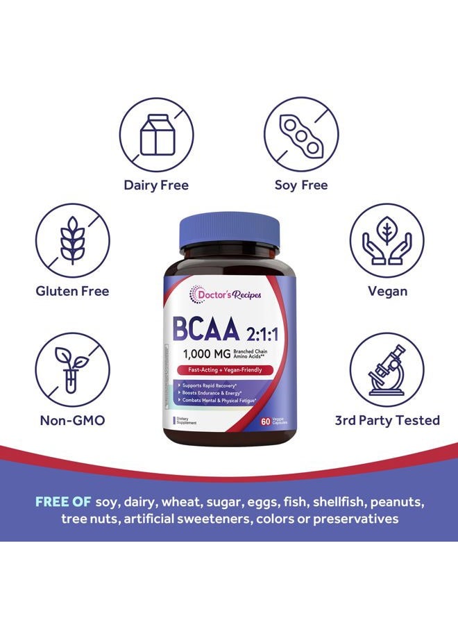 Doctor's Recipes BCAA 1000 mg, 2:1:1 Ratio, L-Leucine, L-lsoleucine, L-Valine, Branched Chain Amino Acids, Fast Recovery, Endurance, Energy, Vegan, 60 Capsules - Image 5