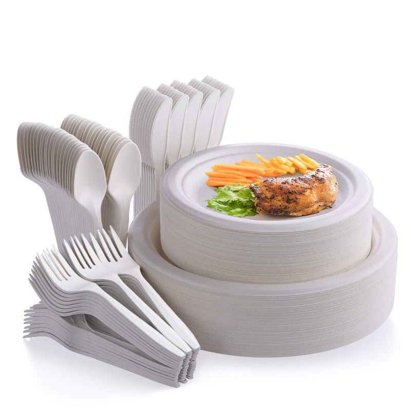 Fuyit 250Pcs Compostable Paper Plates with Cutlery Set Disposable Biodegradable LONG Utensil EcoFriendly Dinnerware Includes Plates Fork Knife  Spoon for Party Camping Picnic White