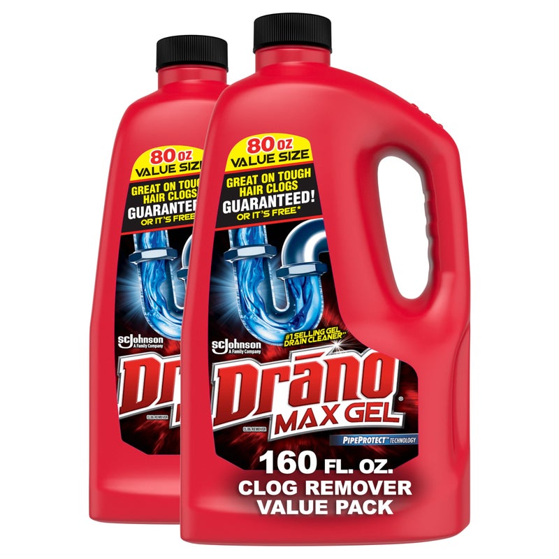 Drano Max Gel Drain Clog Remover and Cleaner for Shower or Sink Drains, Unclogs and Removes Hair, Soap Scum and Blockages, 80 Oz, Pack of 2 - Image 1