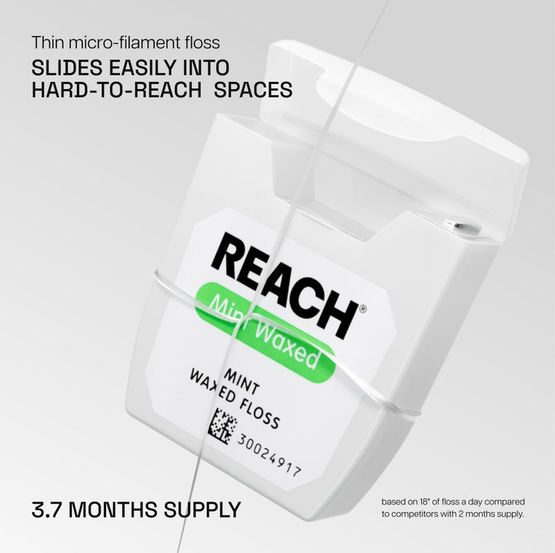 REACH REACH Waxed Dental Floss, Mint, Plaque Remover for Teeth, Shred Resistant, Floss Slides Smoothly, Easy to Use, Waxed, Deep Cleaning Teeth, Oral Care, PFAS Free, for Adults & Kids, 6 Pack, 55 yd - Image 2