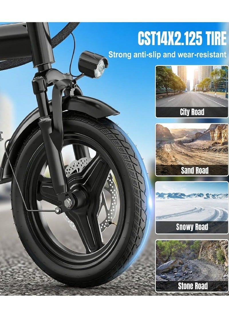 غاز دراجة كهربائية قابلة للطي 14 بوصة بقدرة 500 واط قصوى، بطارية 48 فولت، مدى يصل حتى 90 ميل، سرعة 20 ميل/ساعة مع حامل هاتف – دراجة كهربائية للبالغين للتنقل والشاطئ والثلج والجبل - Image 2