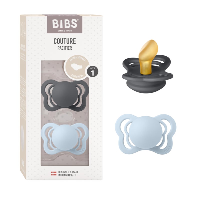 BIBS Pacifiers - Couture Collection | BPA-Free Anatomical Nipple | Natural Rubber Latex | Made in Denmark | Set of 2 Iron/Baby Blue Color Premium Soothers | Size 0-6 Months - Image 1