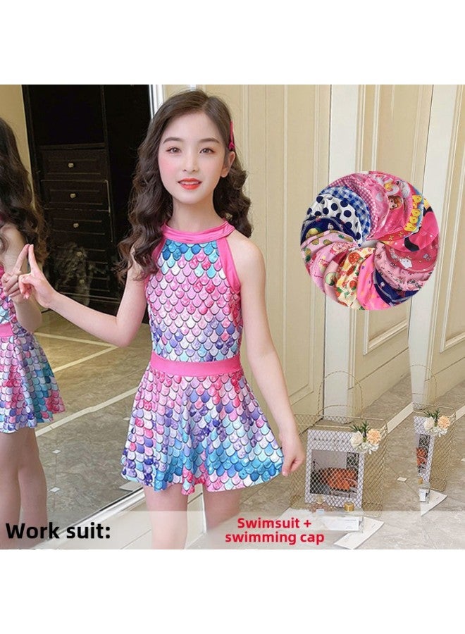 Generic Children's Swimwear Girls' Sports Girls' Split Skirt Swimwear For Primary School Students-Color:1833 Rose Red [swimsuit + Swimming Cap]-Size:Recommended 125-135cm 22.5-27.5kg  - Image 1