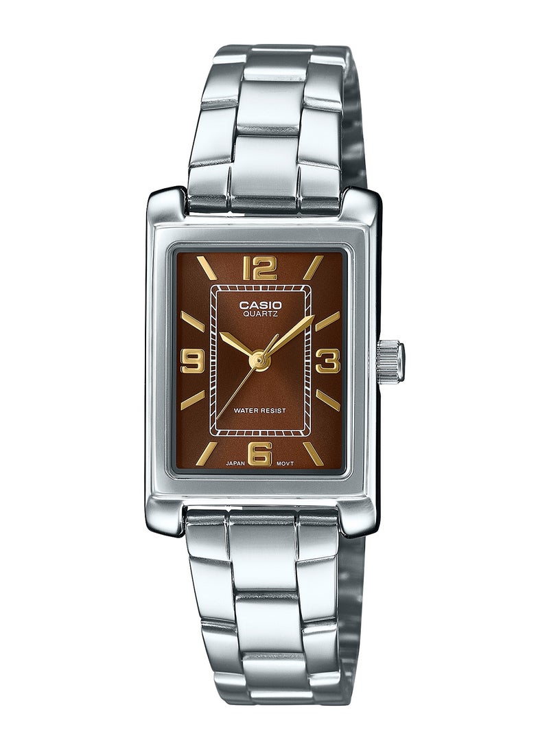 CASIO ساعة نسائية أنالوج بقرص بني من الكوارتز مصنوعة من الفولاذ المقاوم للصدأ LTP-1234DD-5ADF