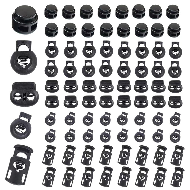 Sunenlyst 150Pcs Cord Locks, Plastic Cord Lock for Drawstrings, Shoelace Locks Spring Toggle Stopper with 5 Sizes, Cord Stops for Drawstring, Paracord, Clothing and Bags (160 Dark Black) - Image 1