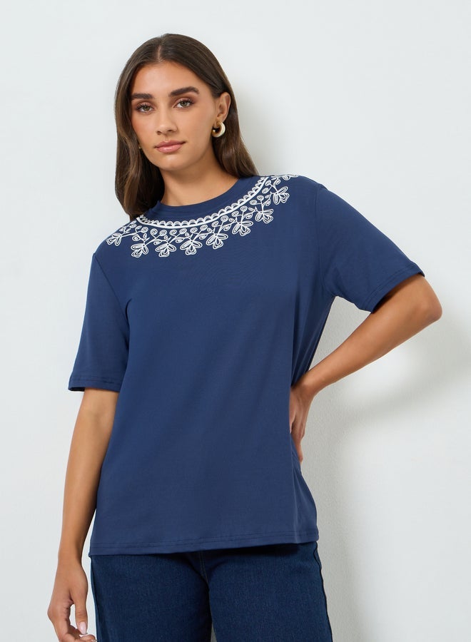 Styli Women Blue Floral Embroidered T-Shirt - Image 1