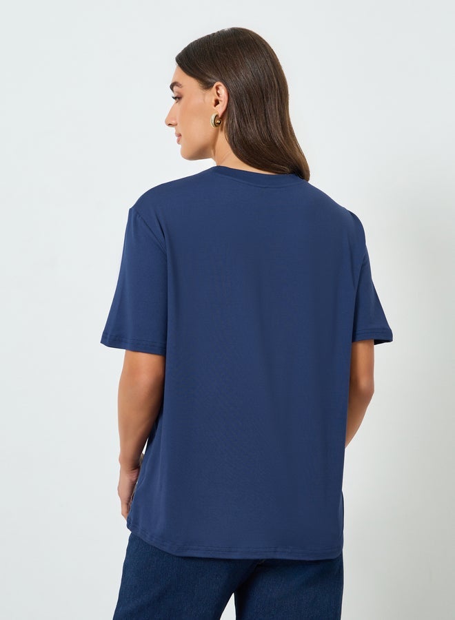 Styli Women Blue Floral Embroidered T-Shirt - Image 4