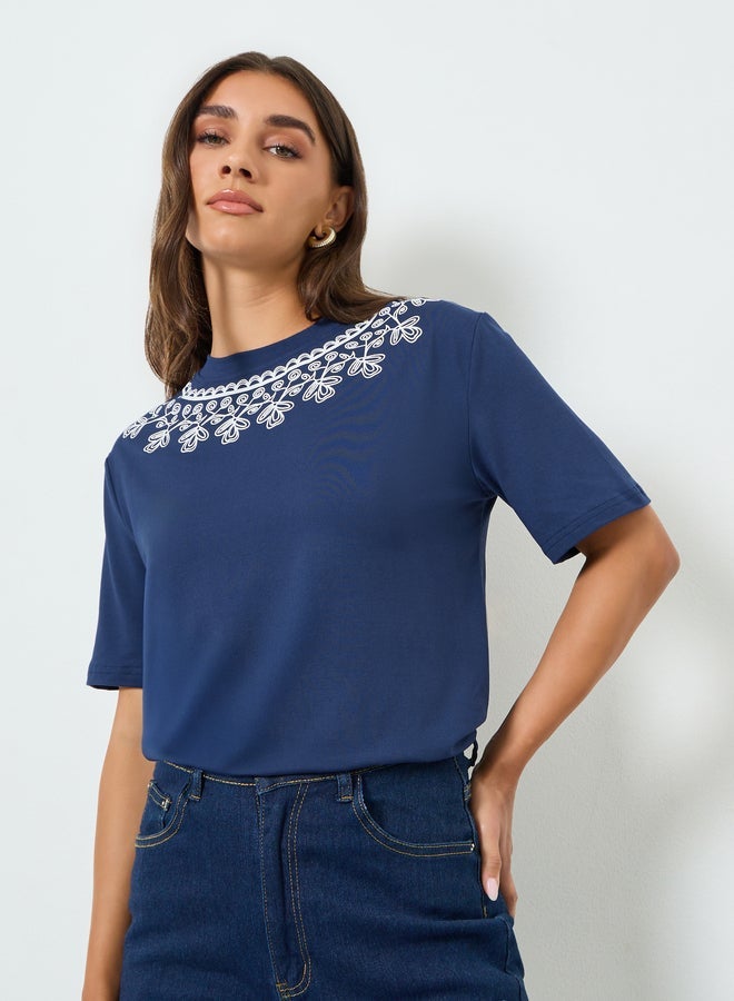 Styli Women Blue Floral Embroidered T-Shirt - Image 5