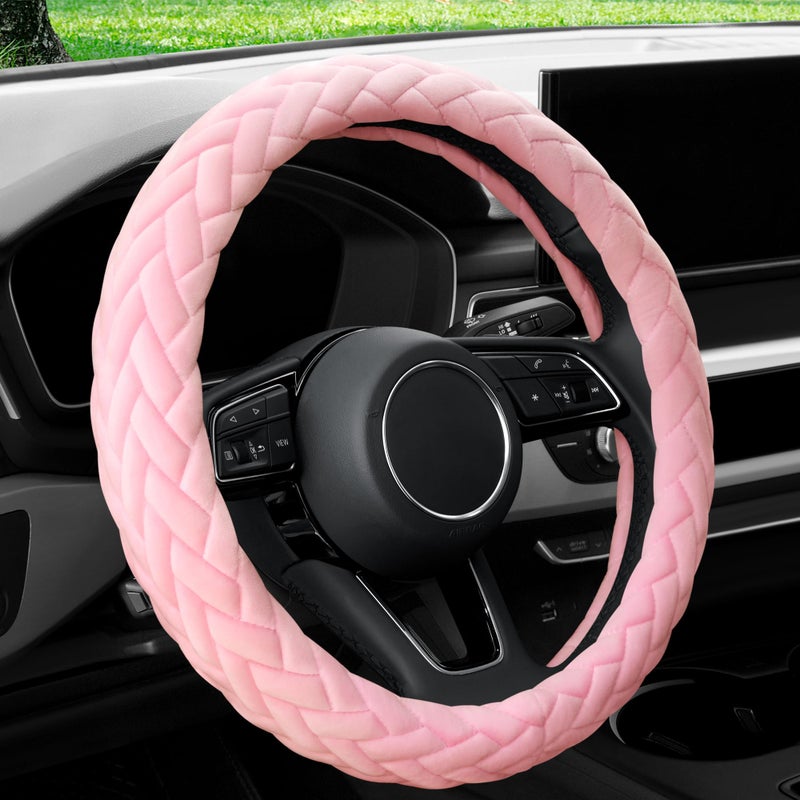 YHONGJT Soft Velvet Steering Wheel Cover Cute Hands Warm Fuzzy, Universal 15 Inch for Women Girls, Fit Vehicles, Sedans, SUVs, Vans, Trucks - Light Pink - Image 1