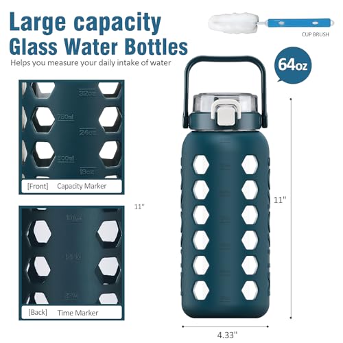 MUKOKO Half Gallon/64 oz Glass Water Bottles with Straw and Lid,Motivational Water Jug with Time Marker Reminder and Silicone Sleeve,100% Leakproof BPA Free Fitness Sports Large Bottle-Blue - Image 2