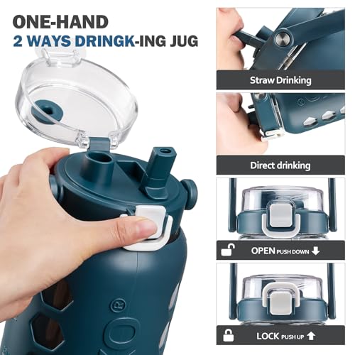 MUKOKO Half Gallon/64 oz Glass Water Bottles with Straw and Lid,Motivational Water Jug with Time Marker Reminder and Silicone Sleeve,100% Leakproof BPA Free Fitness Sports Large Bottle-Blue - Image 5