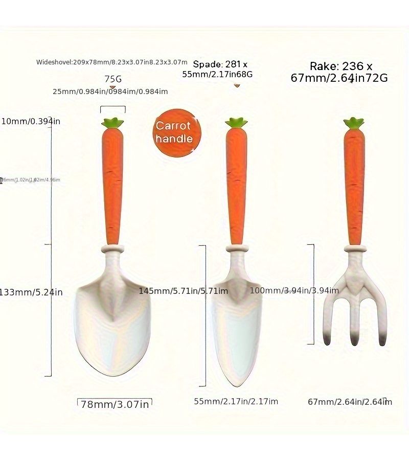 Garden Planting Tool Set 3 Piece Includes Carrot Digger Pointed Shovel And Rake For Flowers - Image 3