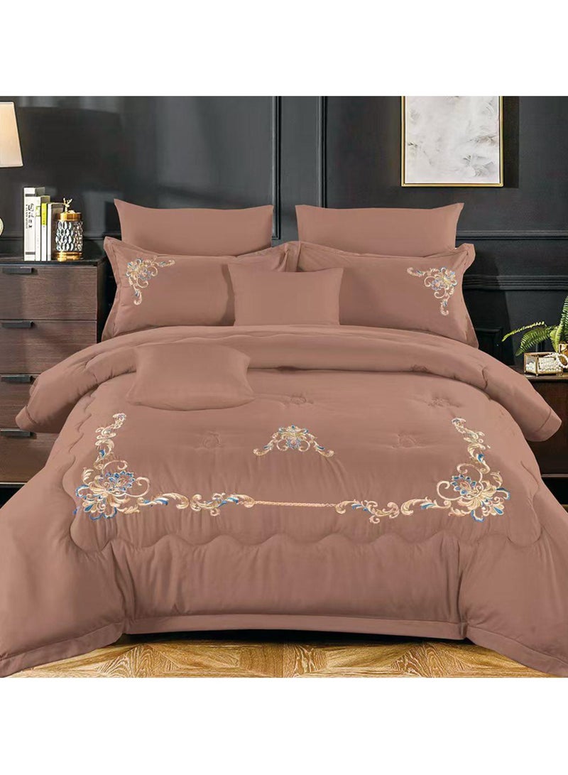 Comfy طقم لحاف ملكي مريح 6 قطع مطرز من القطن الخالص عالي الجودة بني