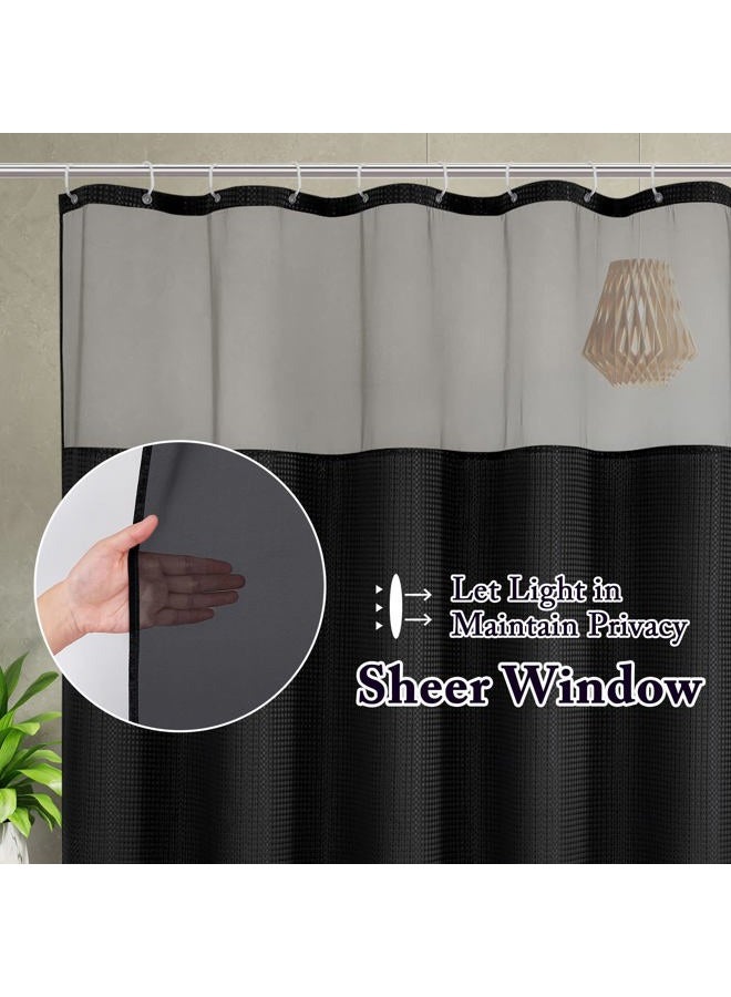 Gibelle Black Shower Curtain with Mesh Top Window and Hooks Set, Waffle Weave Textured Fabric Shower Curtain for Bathroom, Spa-Like Hotel Luxury, Water Repellent, 72x72 - Image 2