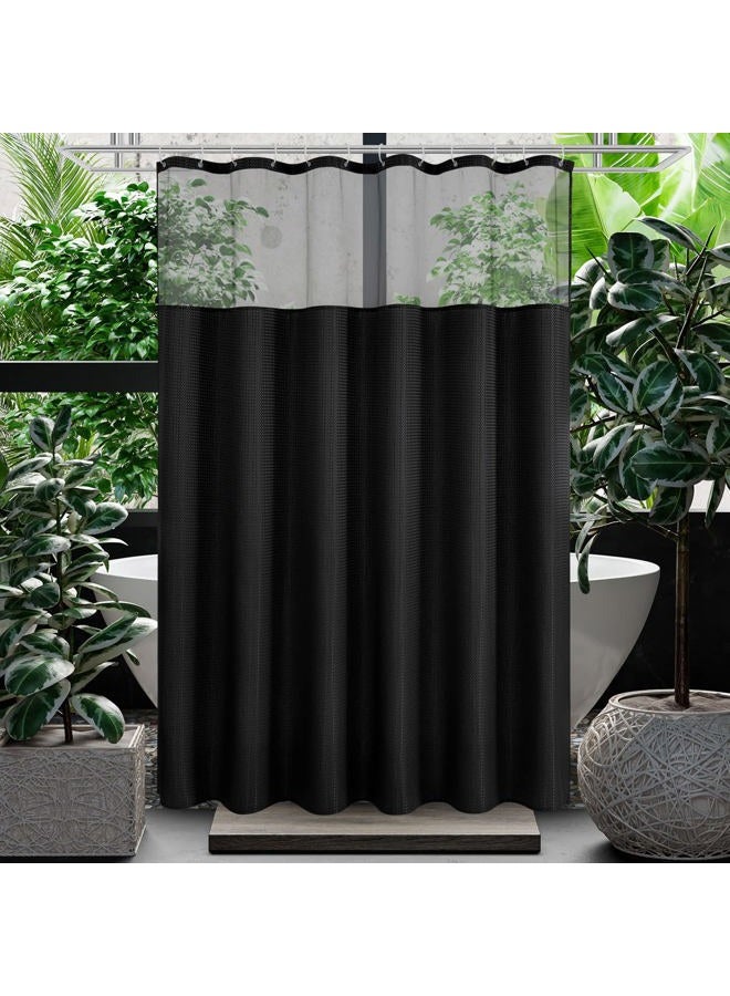 Gibelle Black Shower Curtain with Mesh Top Window and Hooks Set, Waffle Weave Textured Fabric Shower Curtain for Bathroom, Spa-Like Hotel Luxury, Water Repellent, 72x72 - Image 1