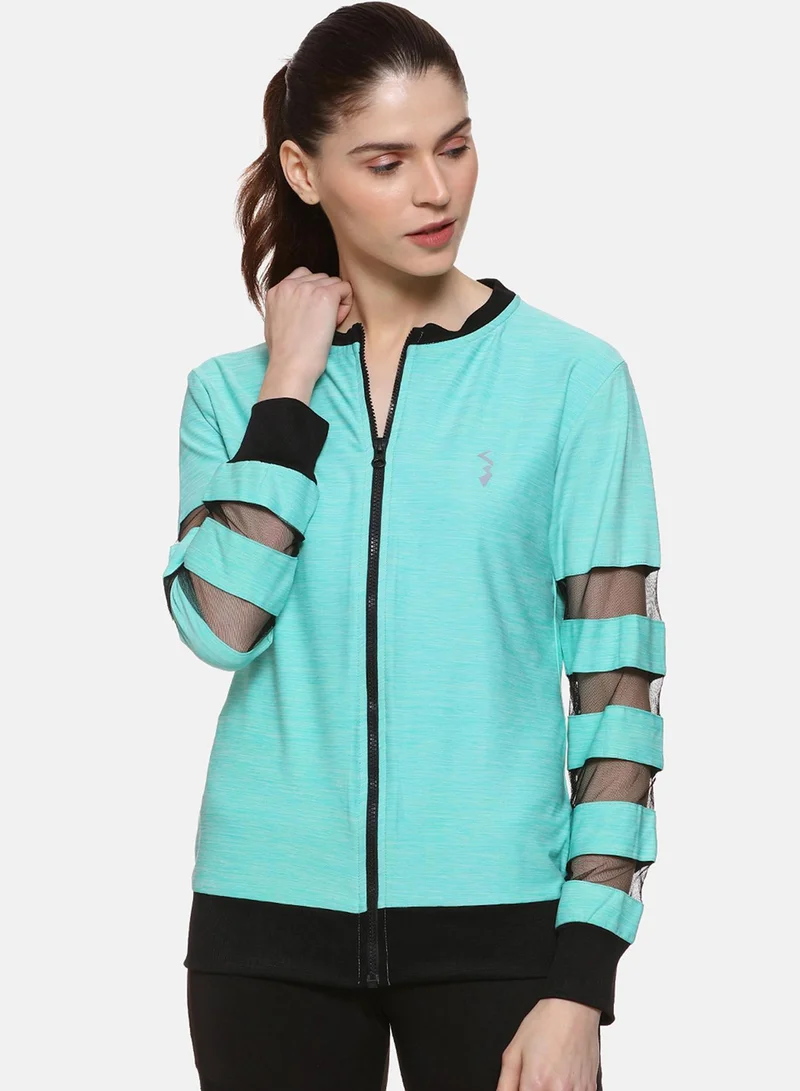 Campus Sutra Women's Turquoise Blue Mesh-Block Zip-Front Activewear Jacket