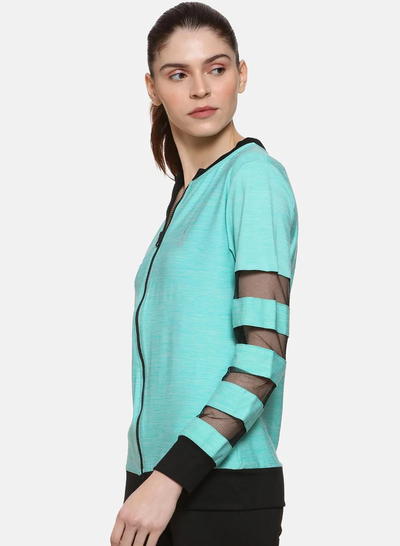 Campus Sutra Women's Turquoise Blue Mesh-Block Zip-Front Activewear Jacket