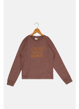 Cool Club Kids Girl Crew Neck Embroidered Sweatshirt, Brown  - Image 1