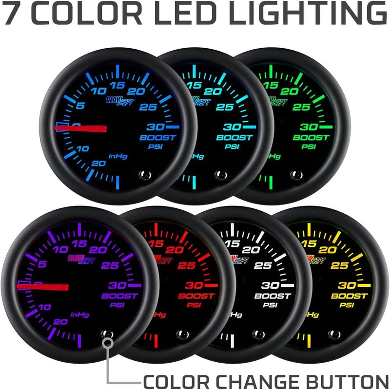 GLOWSHIFT Tinted 7 Color 30 PSI Turbo Boost/Vacuum Gauge Kit - Includes Mechanical Hose, T-Fitting & Wiring - Multi-Color Display - Black Dial - Smoked Lens - for Car & Truck - 2-1/16" 52mm - Image 3