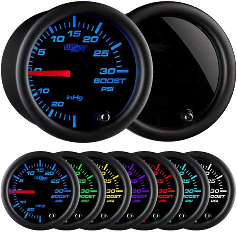 GLOWSHIFT Tinted 7 Color 30 PSI Turbo Boost/Vacuum Gauge Kit - Includes Mechanical Hose, T-Fitting & Wiring - Multi-Color Display - Black Dial - Smoked Lens - for Car & Truck - 2-1/16" 52mm - Image 1