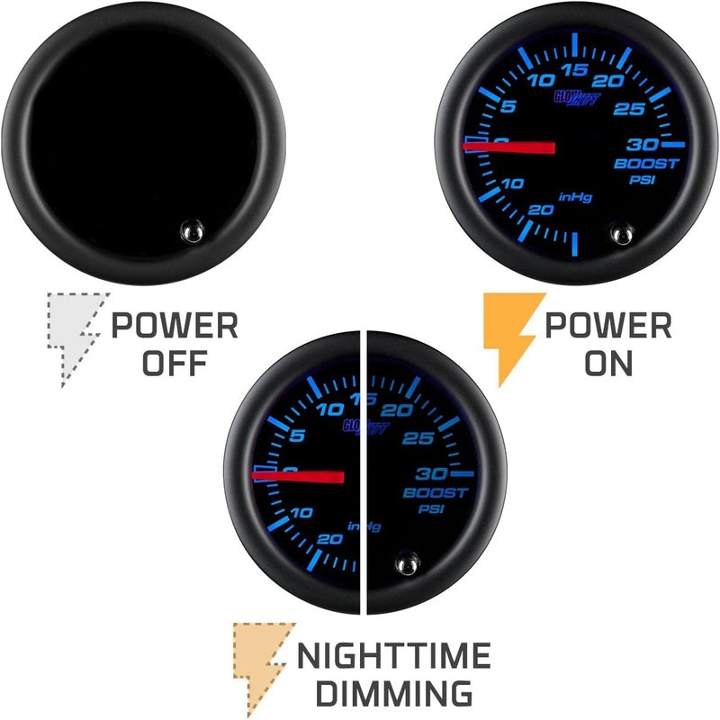 GLOWSHIFT Tinted 7 Color 30 PSI Turbo Boost/Vacuum Gauge Kit - Includes Mechanical Hose, T-Fitting & Wiring - Multi-Color Display - Black Dial - Smoked Lens - for Car & Truck - 2-1/16" 52mm - Image 4