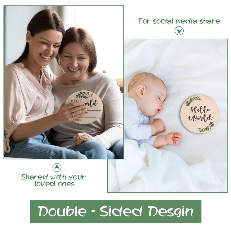 Giftacity Baby Announcement Sign for Newborn - Beautiful Double-Sided Hello World Name Sign for Hospital Birth Announcement, The Perfect Round Wooden Welcome Baby Board for New Boy and Girl Gifts - Image 3