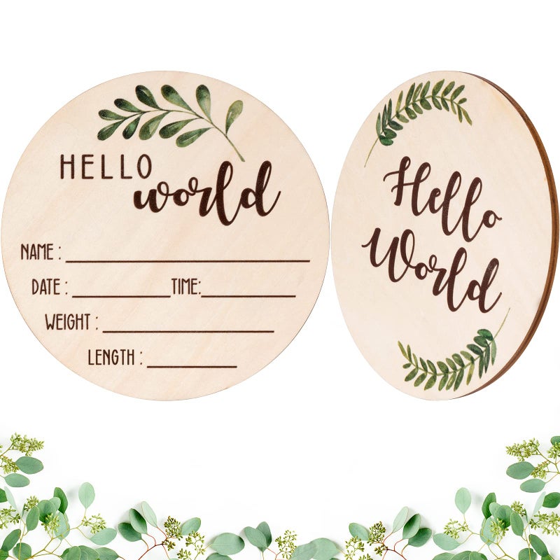 Giftacity Baby Announcement Sign for Newborn - Beautiful Double-Sided Hello World Name Sign for Hospital Birth Announcement, The Perfect Round Wooden Welcome Baby Board for New Boy and Girl Gifts - Image 1