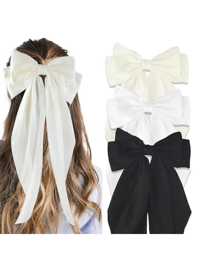 Canitor Hair Bows For Women Silky Satin Hair Ribbon Hair Barrettes Clip Oversized Long Tail Black White Hair Bows Cute Aesthetic Coquette Hair Accessories Preppy Teen Girl Gifts Trendy Stuff Things - Image 1