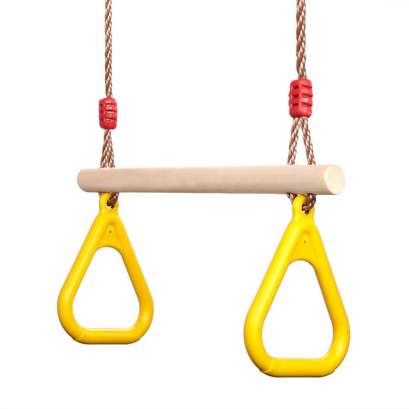 PELLOR Playground Childrens Wooden Trapeze Swing Bar with Plastic Gym Rings Swing Set for Indoor Outdoor Fun