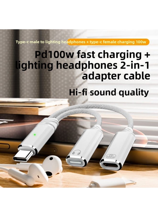 Generic - Applicable To For Iphone16Type-C One-Two Lightning Headset Converter PD100W Fast Charge HIFI Sound Quality-Interface Form:Type-c One-to-two C Port Fast Charging + Usb Transmission Gray - Image 1