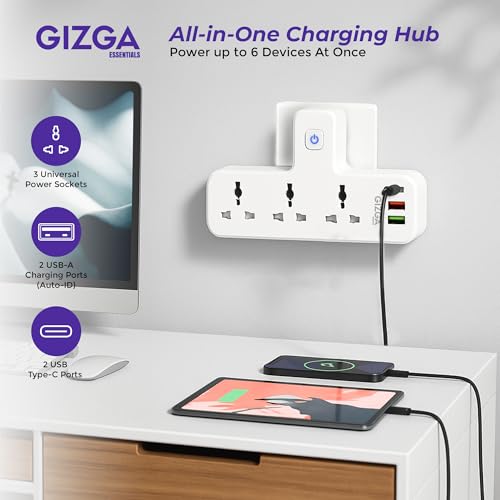 Gizga essentials Power Extension Board: 3 Universal Sockets, 2 USB Ports & 1 Type-C, Surge Protector, Touch-Control Night Lamp, Child Safety, Flame-Retardant Housing, 10A Output, 250V - Image 2