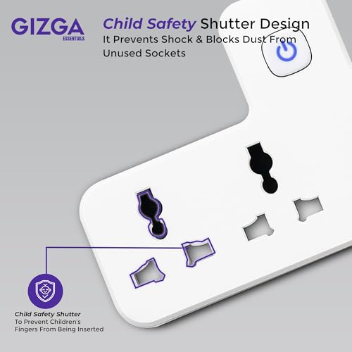 Gizga essentials Power Extension Board: 3 Universal Sockets, 2 USB Ports & 1 Type-C, Surge Protector, Touch-Control Night Lamp, Child Safety, Flame-Retardant Housing, 10A Output, 250V - Image 4