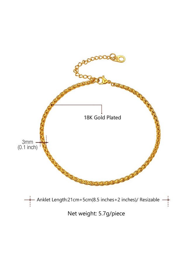 U7 Women Foot Jewelry Anklets 3Mm Wide 18K Gold Plated Spiga Wheat Chain Ankle Bracelets Length 22-27Cm - Image 5