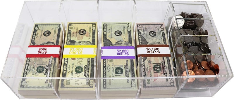 Nadex Acrylic Money Tray with Coin Tray Insert, 5 Compartment Clear Cash Organizer Currency Money Storage Box, 300 Money Wrappers Included - Image 1