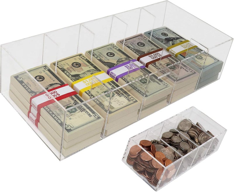 Nadex Acrylic Money Tray with Coin Tray Insert, 5 Compartment Clear Cash Organizer Currency Money Storage Box, 300 Money Wrappers Included - Image 2