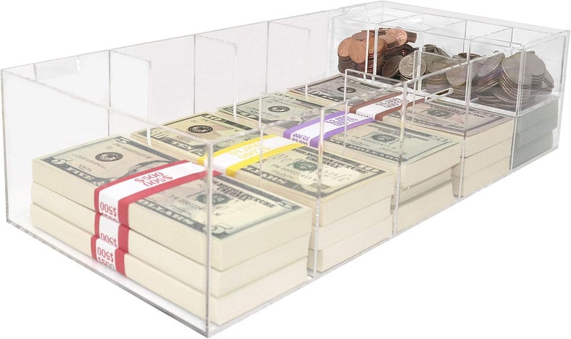 Nadex Acrylic Money Tray with Coin Tray Insert, 5 Compartment Clear Cash Organizer Currency Money Storage Box, 300 Money Wrappers Included - Image 3
