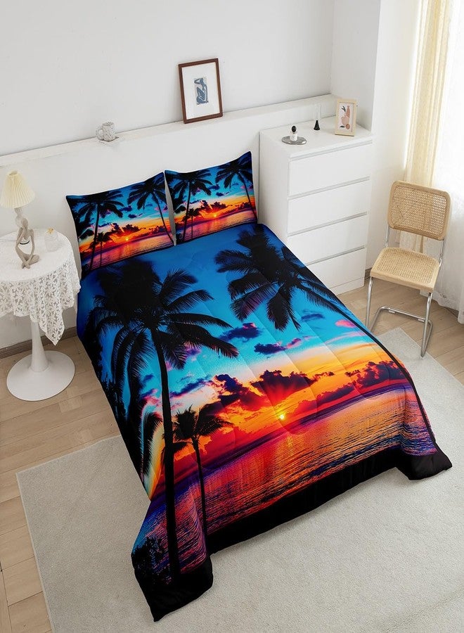 Feelyou طقم مفروشات Feelyou Ocean Beach بحجم كينج، طقم لحاف بتصميم غروب الشمس الاستوائي مع أشجار النخيل، طقم لحاف بتصميم هاواي هادئ مستوحى من البحر وأشجار النخيل، يتضمن لحاف واحد و2 غطاء وسادة - Image 3