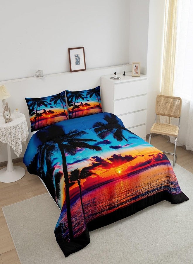 Feelyou طقم مفروشات Feelyou Ocean Beach بحجم كينج، طقم لحاف بتصميم غروب الشمس الاستوائي مع أشجار النخيل، طقم لحاف بتصميم هاواي هادئ مستوحى من البحر وأشجار النخيل، يتضمن لحاف واحد و2 غطاء وسادة - Image 2