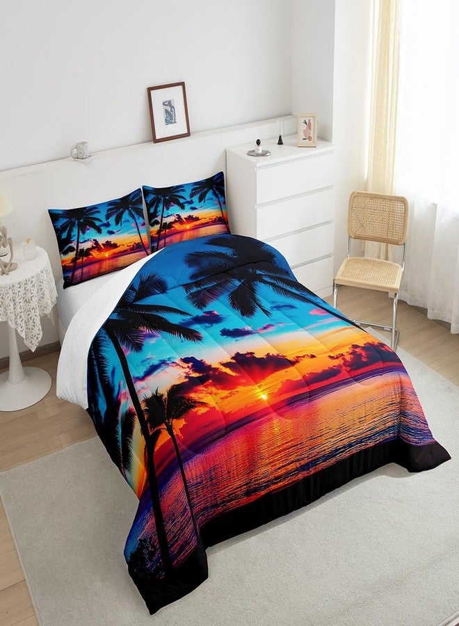 Feelyou طقم مفروشات Feelyou Ocean Beach بحجم كينج، طقم لحاف بتصميم غروب الشمس الاستوائي مع أشجار النخيل، طقم لحاف بتصميم هاواي هادئ مستوحى من البحر وأشجار النخيل، يتضمن لحاف واحد و2 غطاء وسادة - Image 4