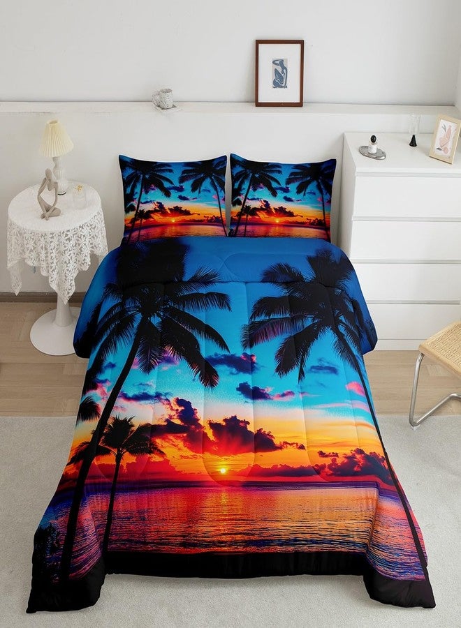 Feelyou طقم مفروشات Feelyou Ocean Beach بحجم كينج، طقم لحاف بتصميم غروب الشمس الاستوائي مع أشجار النخيل، طقم لحاف بتصميم هاواي هادئ مستوحى من البحر وأشجار النخيل، يتضمن لحاف واحد و2 غطاء وسادة - Image 1