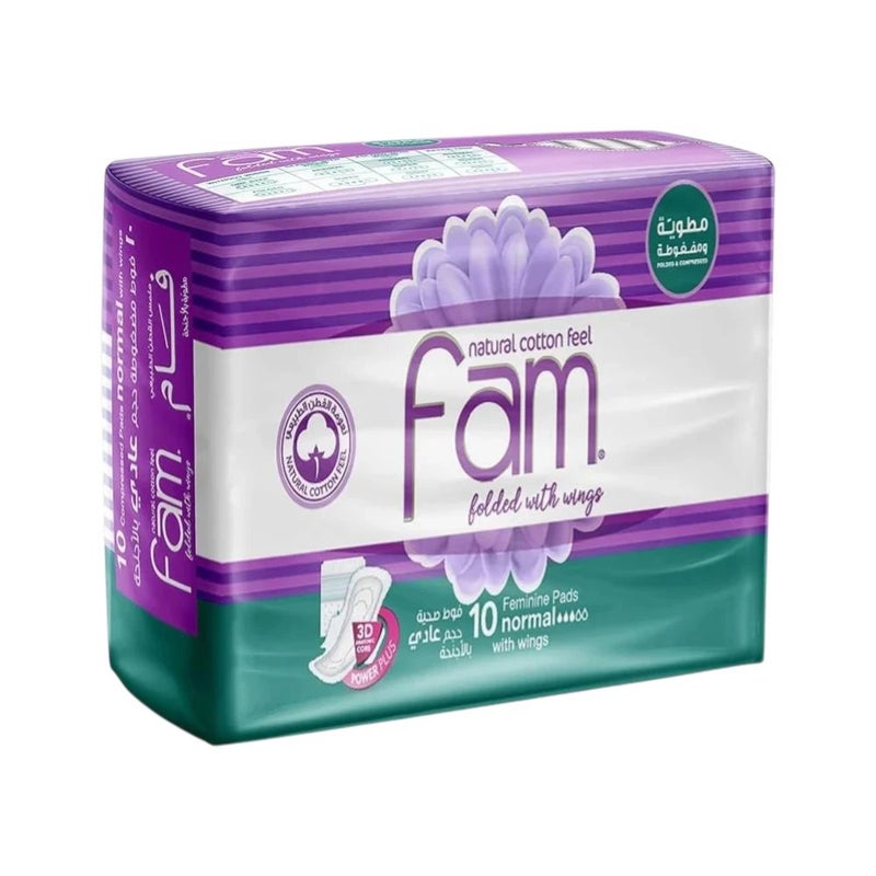 Fam Natural Cotton Feel Normal Feminine Pads Folded With Wings- 10 Pads