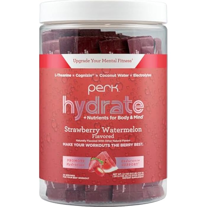 Perk Hydrate Electrolyte Stickpacks Strawberry Watermelon Flavored (20 Packets) - Coconut Water, CDP-Choline, L-Theanine, Gluten-Free - Image 1